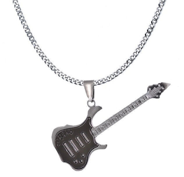 925 Sterling Silver Curb Link Chain Mens Womens Necklace - Guitar Pendant D624SS