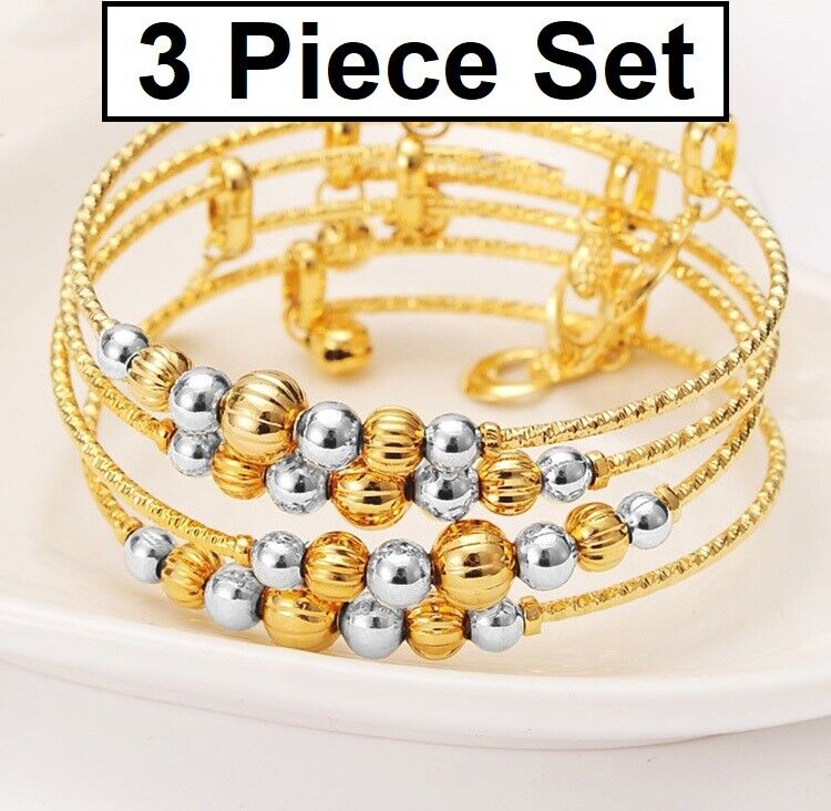 3 Pc. 18k Yellow Gold Bracelets Bangles Womens Adjustable 7" w Gift Pkg D790