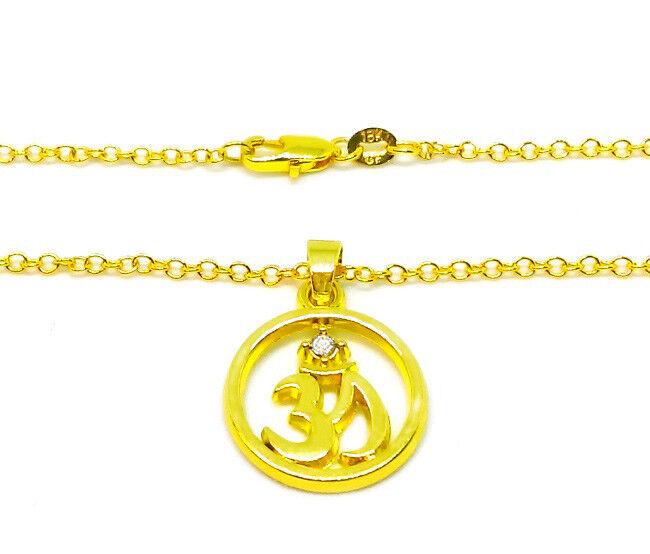 18k Yellow Gold Women's Link Chain 30" Necklace And Elegant Crystal Yoga Pendant