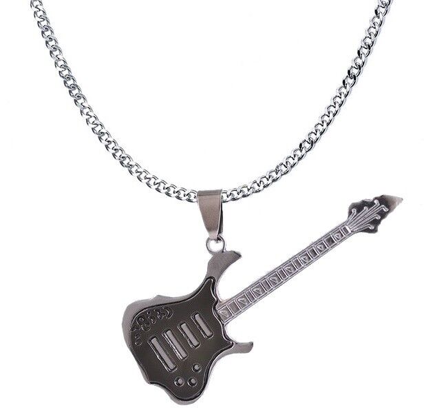 Stainless Steel Womens Mens Guitar Pendant And 24" Curb Link Chain Necklace D624
