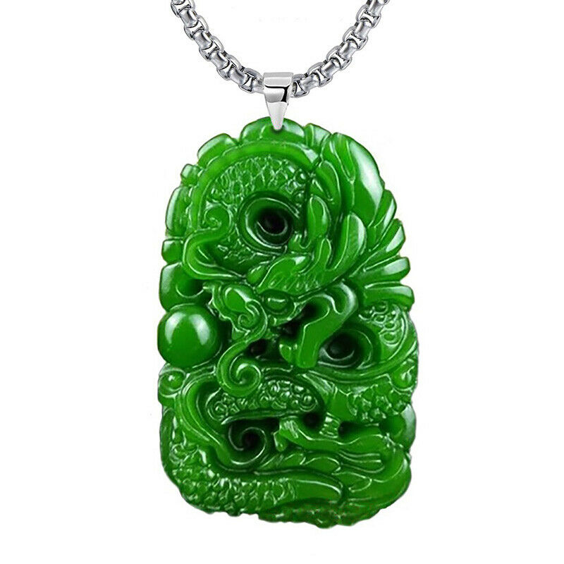24" Natural Burmese Grade A Jadeite Jade Dragon Pendant Necklace D886