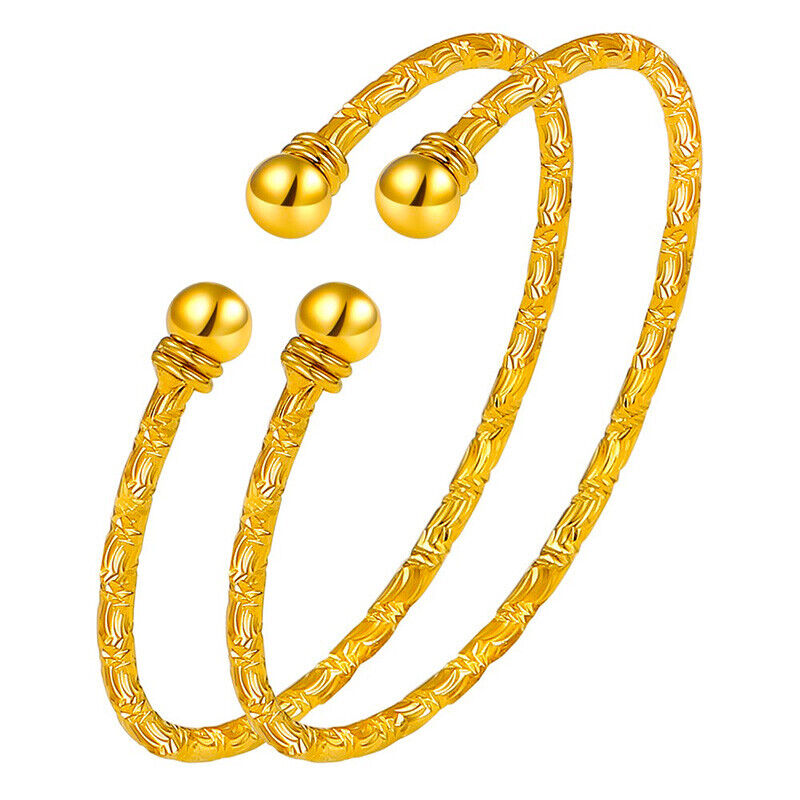 2 Pc 18k Yellow Gold Womens Large 8" to 9.5" Adjustable Cuff Bangles D932