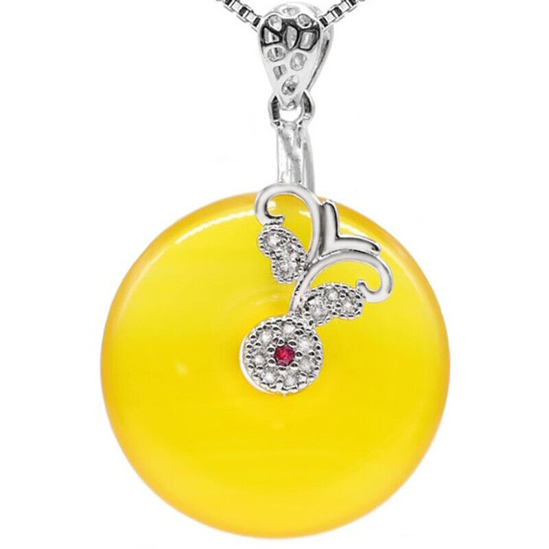 Womens 925 Silver Lemon Jade Donut Heart Butterfly Pendant 18" Necklace D981