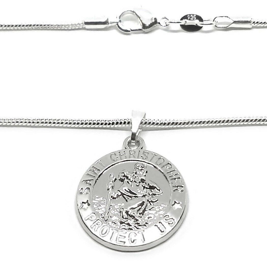 Womens 925 Sterling Silver 18" Snake Chain Necklace And Saint Christopher Pend