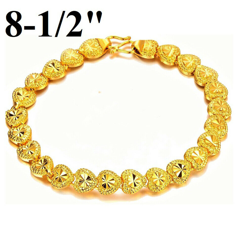 24k Yellow Gold Womens Hearts Link Chain Bracelet Large 8" 8.5" 9" 9.5" 10" Size