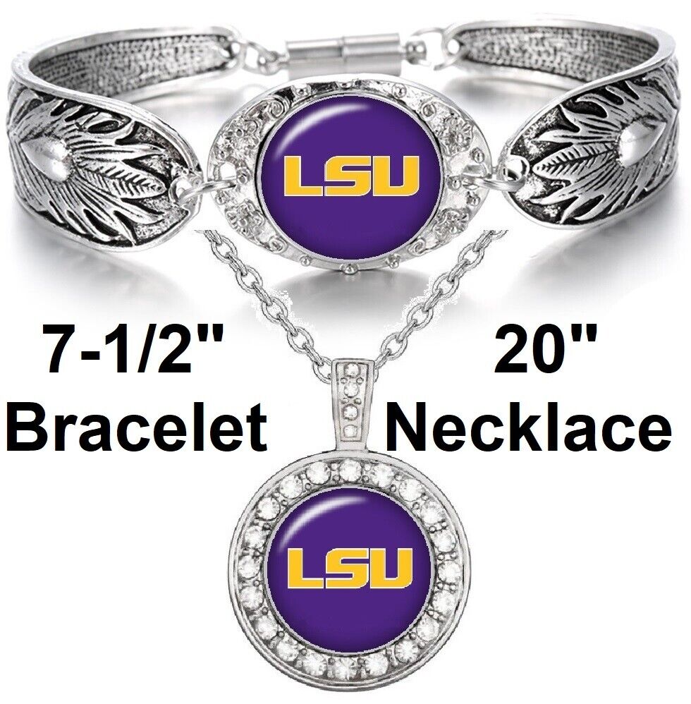 Lsu Tigers Purple 925 Sterling Silver Necklace Bracelet State Set D3D18