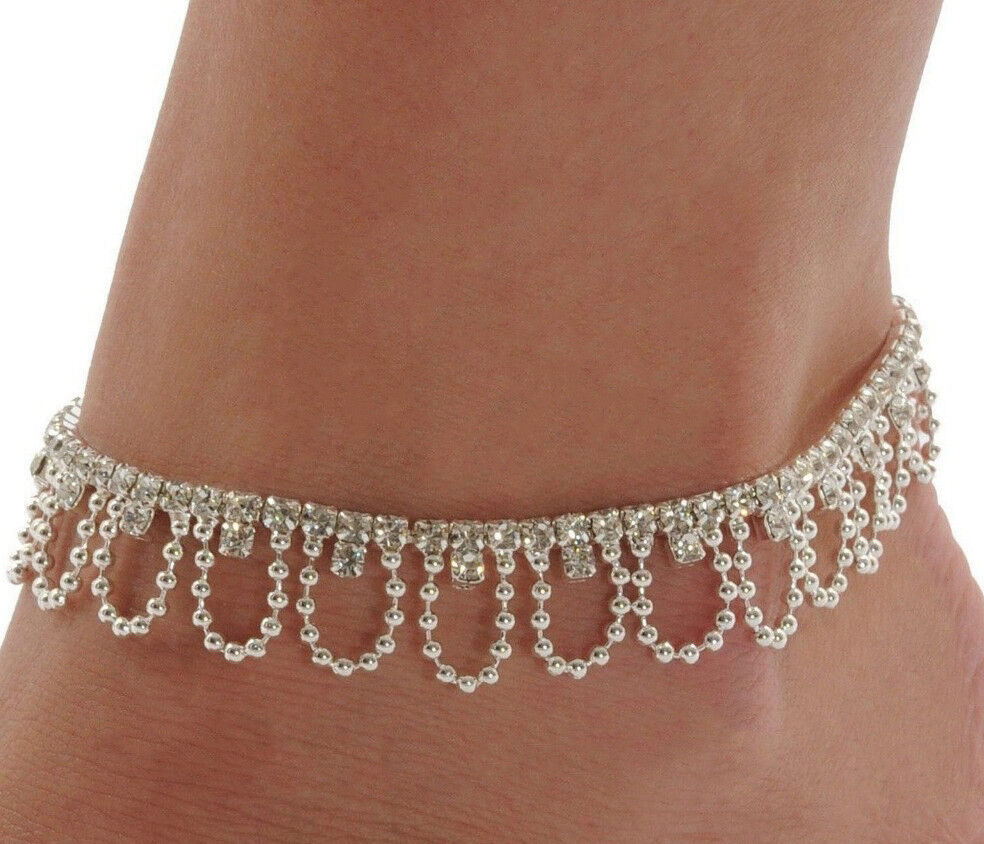 Women's Crystal Dangle Chain Link Anklet Bracelet Adjusts 8" To 10-1/2" D595
