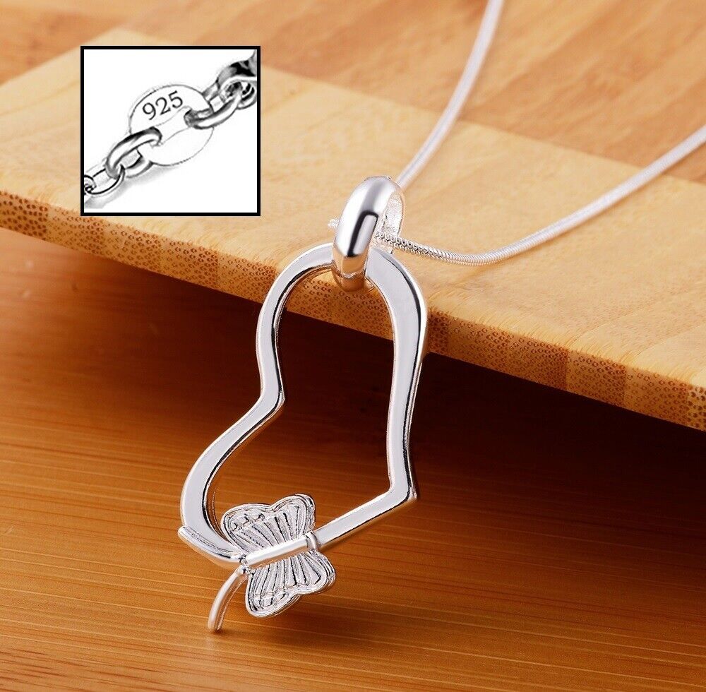 925 Sterling Silver Womens 18" Snake Chain Necklace With Heart Butterfly D118
