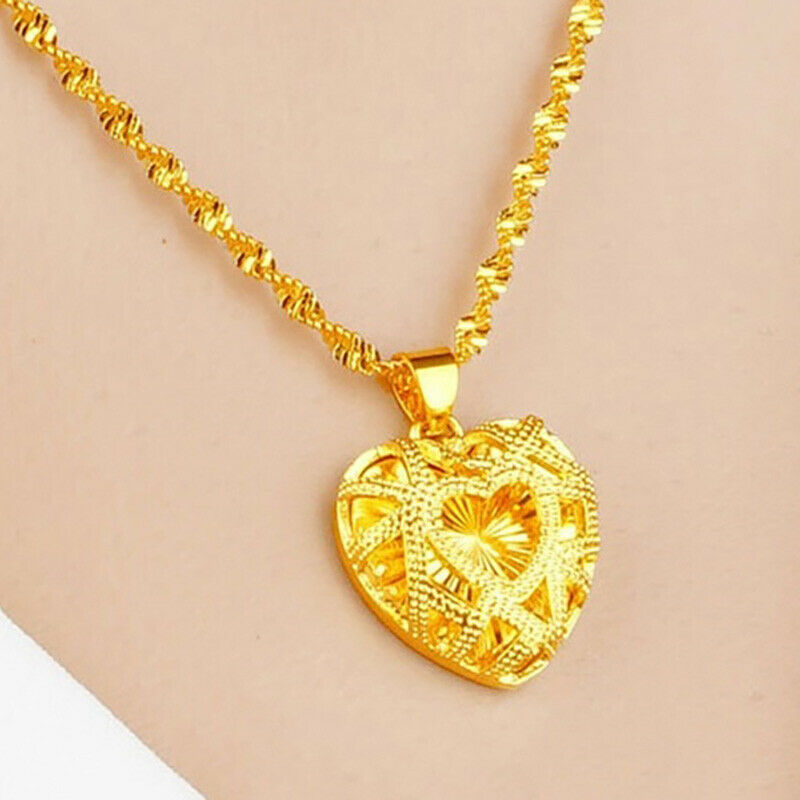 18k Yellow Gold Womens Heart Pendant With 24" Link Chain Necklace w Gift Pk D740