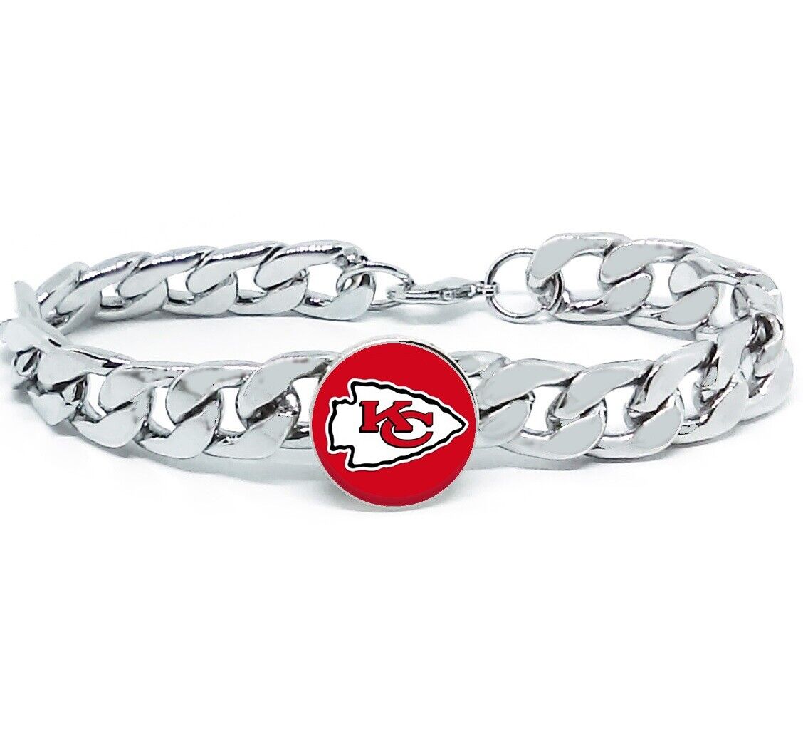 Kansas City Chiefs Silver Mens Curb Link Chain Bracelet Football Gift D4-1