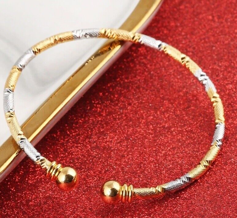 18k Yellow Gold And Silver Womens Two Tone Adjustable Bracelet Bangle D711B
