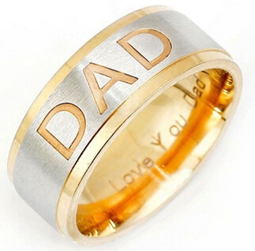 Fathers Day Gift 18k Gold Engraved Love You Dad Ring Stainless Chain Necklace