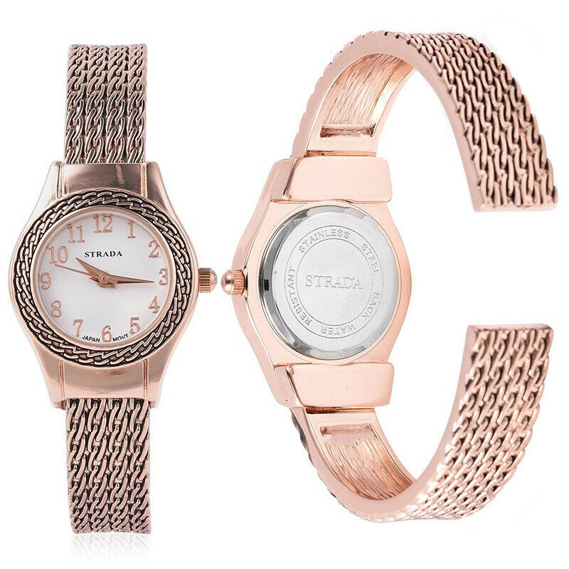 Womens 18K Rose Gold STRADA Japanese Movement Cuff Bangle Bracelet Watch