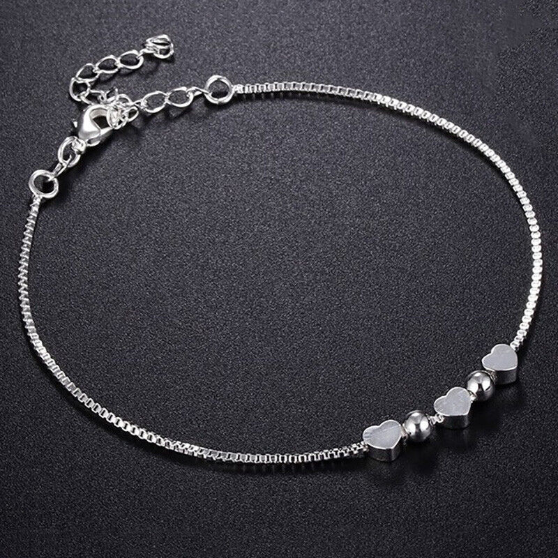 925 Sterling Silver Women's Box Link Adjustable Anklet Bracelet Heart Bead D863