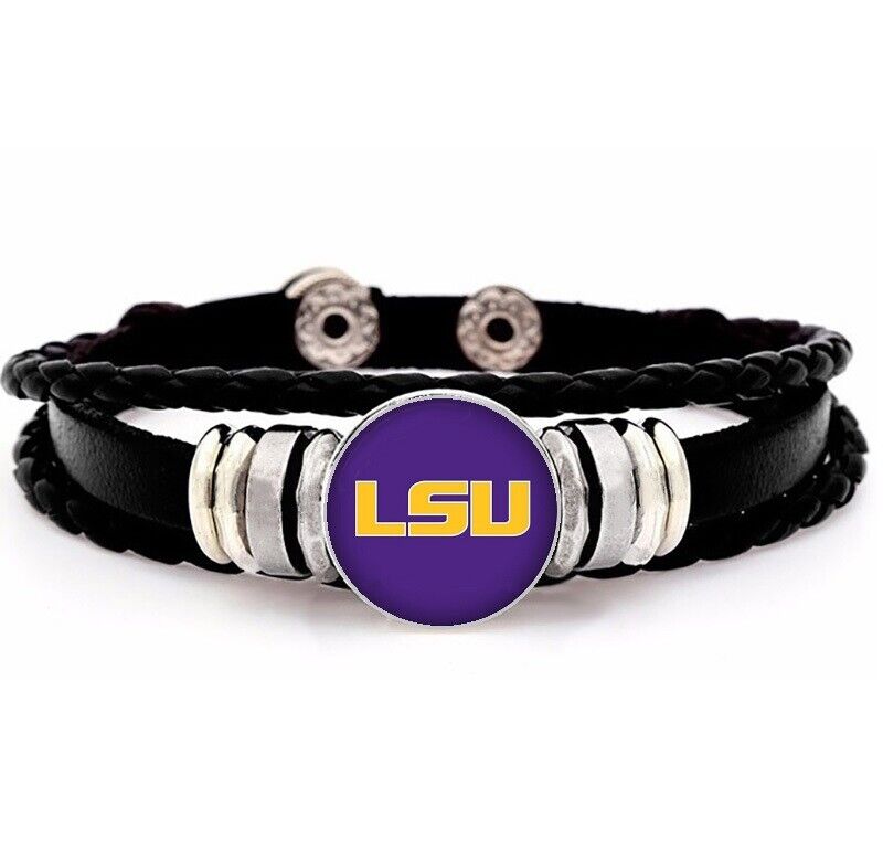 Purple Lsu Tigers Mens Womens Black Leather Bracelet W Giftpk D14