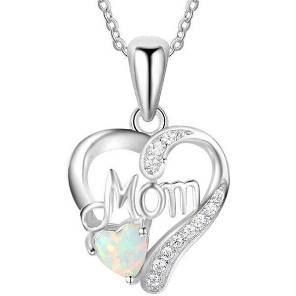 Women's 925 Sterling Silver Mom Chain White Fire Opal Pendant Necklace D876