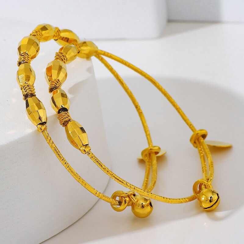 24k Gold Womens Teens Small 6" 6.5" 7" Ajustable Heart Bell Bracelet Bangle D995