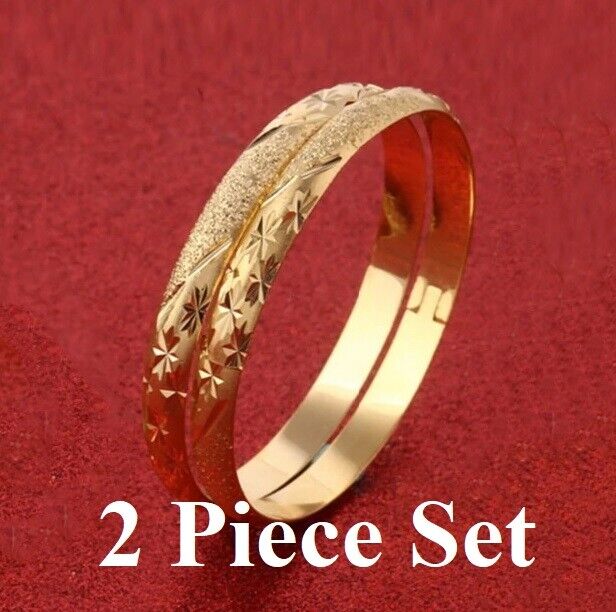 2 PcSet 24k Yellow Gold Bracelets Bangles Italian Star Cut Womens Opening D4169