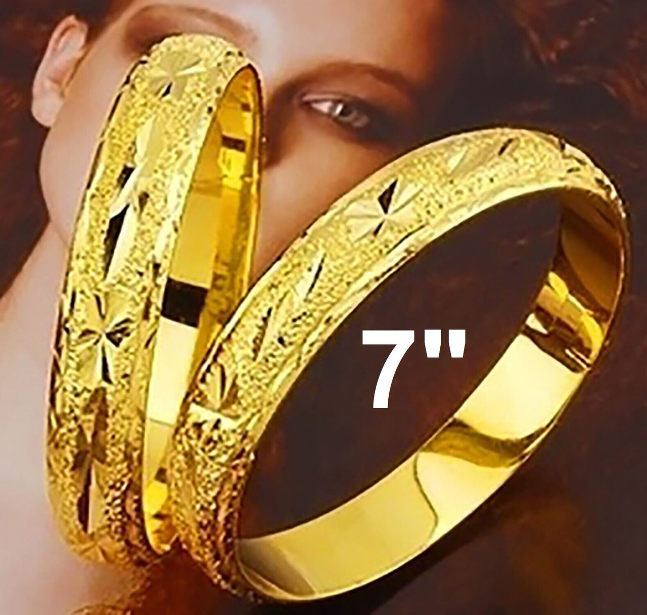 2 Pc Set 24k Gold 7" Womens Elegant Wide 8mm Italian Cut Bangles Bracelets D257