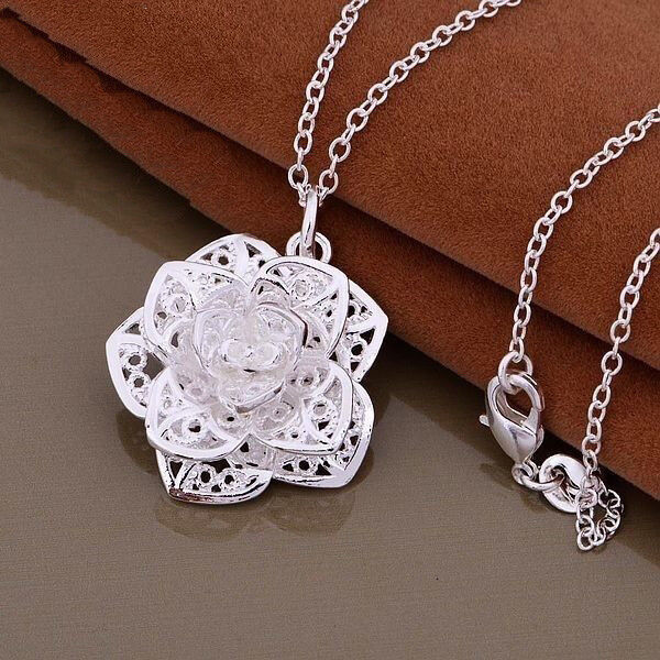 Valentine's Day 925 Sterling Silver Womens Necklace And Flower Pendant D278B