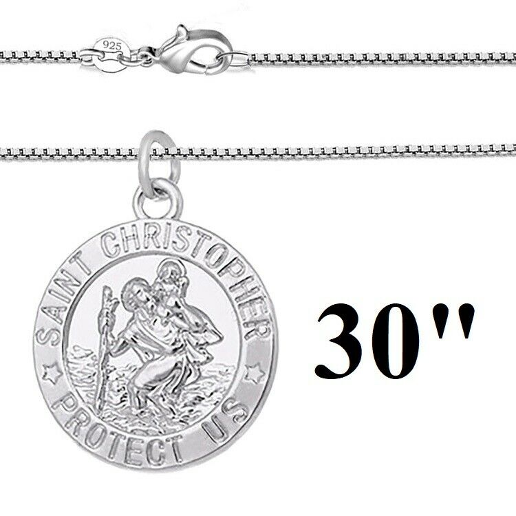 925 Sterling Silver Box Link 30" Chain Necklace St. Saint Christopher Pendant