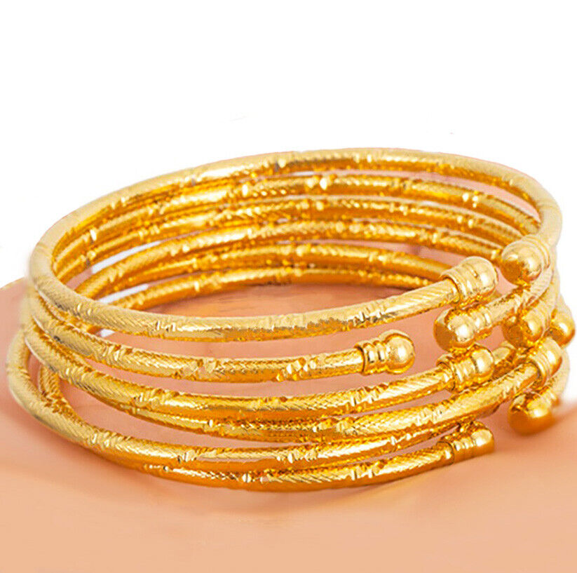 2 PcSet 18k Gold Elegant Diamond Cut Cuff Womens Bracelets Bangles w GiftPk D490