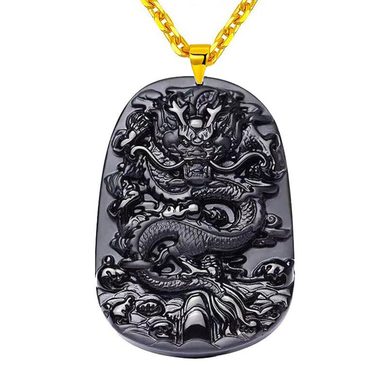 18K Gold 24" Necklace And Black Crystal Jade Mens Womens Dragon Pendant D917