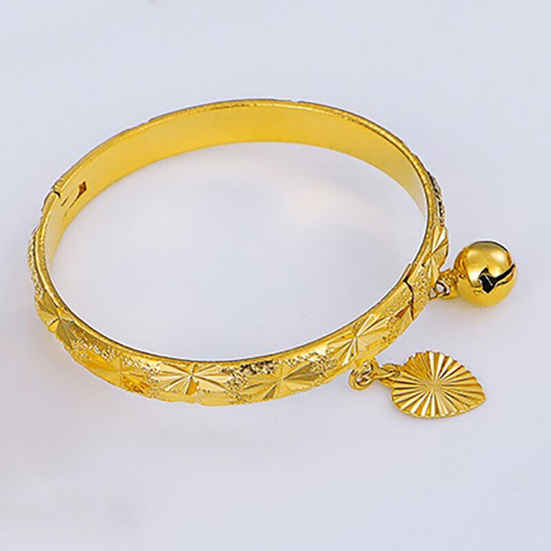 18k Yellow Gold Babys Childrens Kids Infants Bell Heart Bangle Bracelet D994
