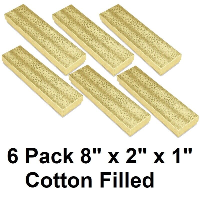 6 Pc 8" x 2" x 1" Gold Foil Cotton Filled Jewelry Necklace Bracelet Gift Boxes
