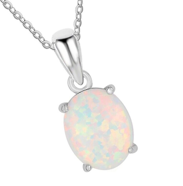Mother's Day Gift 925 Sterling Silver Opal Womens Chain Pendant Necklace D679B