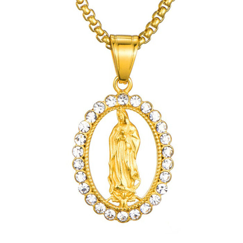 18k Yellow Gold Womens Mens Link Chain 20" Necklace Virgin Mary Pendant D703