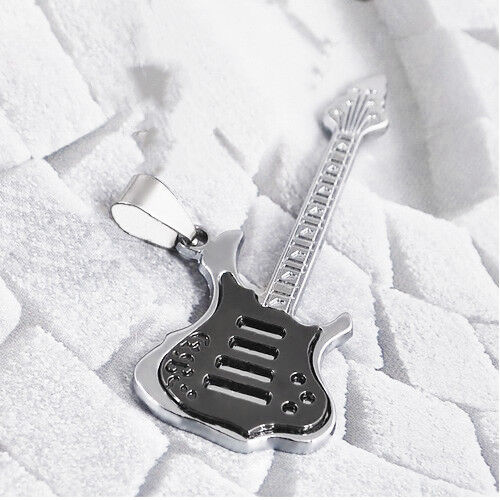 Stainless Steel Womens Mens Guitar Pendant And 24" Curb Link Chain Necklace D624