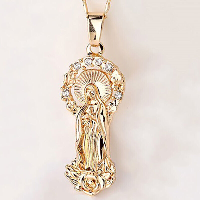 14k Yellow Gold Womens Mens Link Chain Necklace And Virgin Mary Pendant D652H