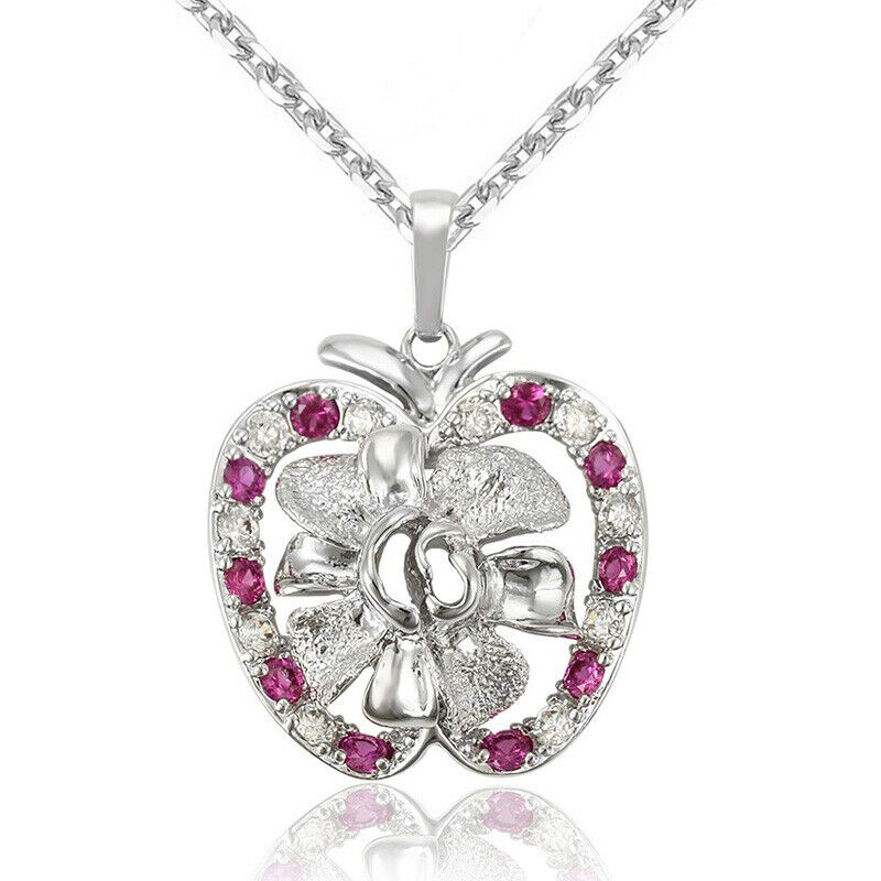 Women's 925 Sterling Silver Chain Necklace And Teacher's Apple Pendant Gift D958