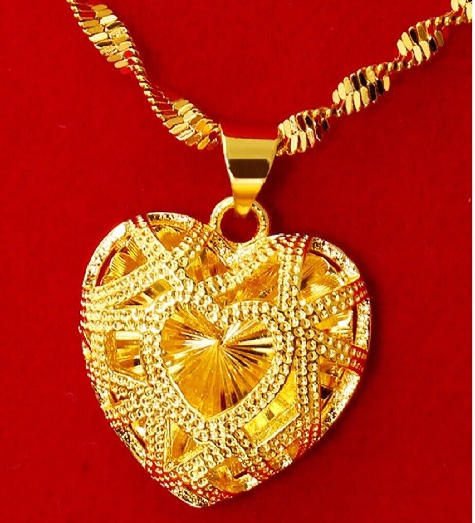 18k Gold Womens Heart Pendant With 18" Link Chain Necklace w Gift Pk D740