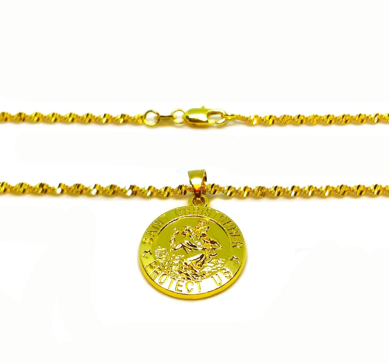 18k Gold St. Christopher Pendant With 24" Water Wave Snake Necklace Set +GiftPkg