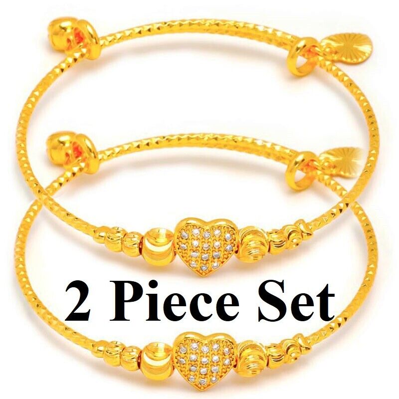 2 PcSet 24k Gold Womens Adjustable 7" 7-1/2" 8" Heart Bracelets Bangles D920