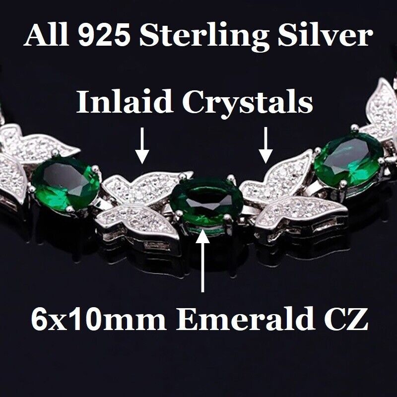 925 Sterling Silver Women's 7" Inlaid Butterfly CZ Enerald Tennis Bracelet D715G