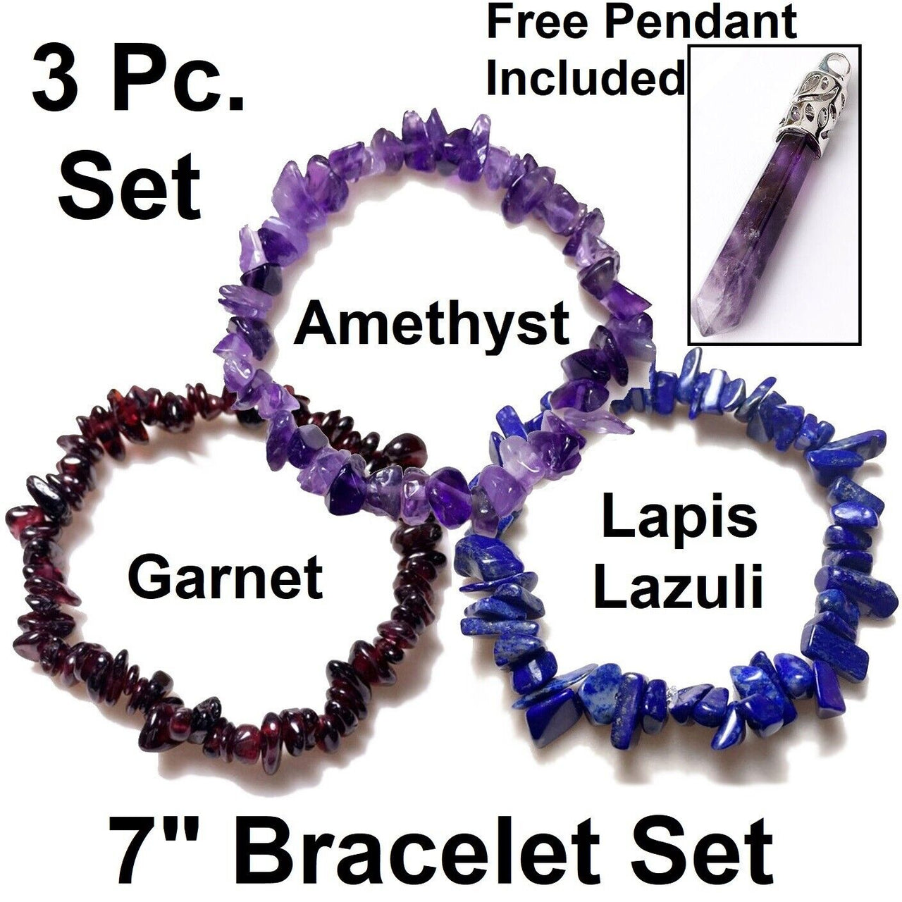 3 PcSet Natural Amethyst Lapis Lazuli Garnet Charm Beaded Women's Bracelets