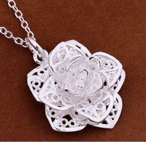 Valentine's Day 925 Sterling Silver Womens Necklace And Flower Pendant D278B
