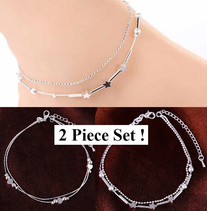 2 Pc Set 925 Sterling Silver Womens Anklet Bracelet Adj. 8.5" to 10.5" D671-D613