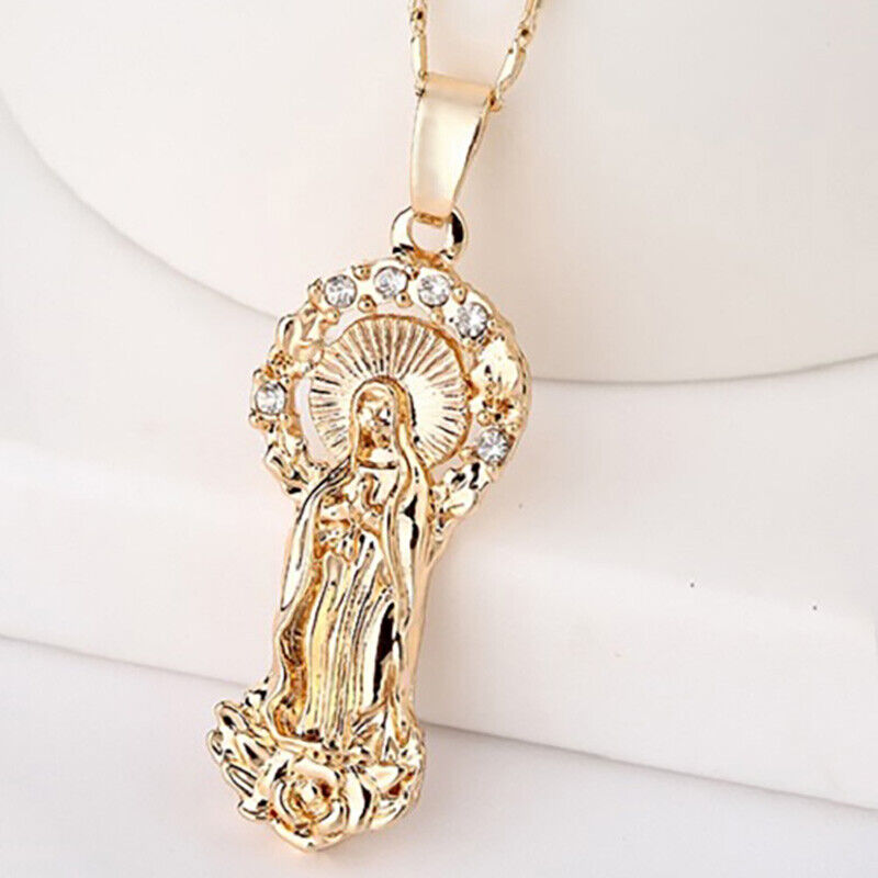 14k Yellow Gold Womens Mens Link Chain Necklace And Virgin Mary Pendant D652