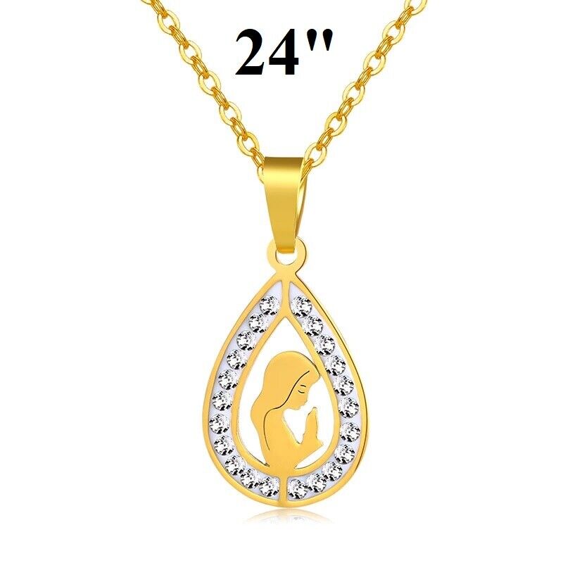 18k Yellow Gold Womens Virgin Mary Pendant And 24" Link Chain Necklace D673B