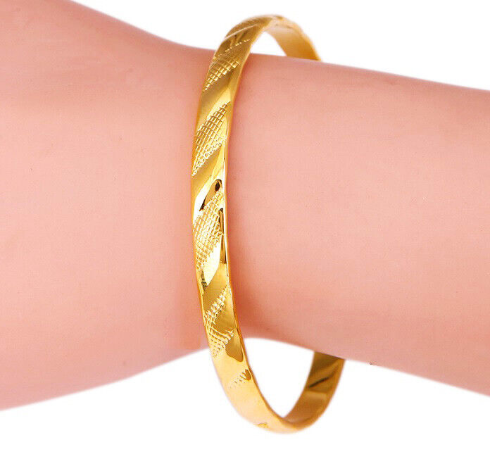 2 PcSet 18k Yellow Gold Bracelet Bangle Women's Large 8-1/2" SlipOn D416-7
