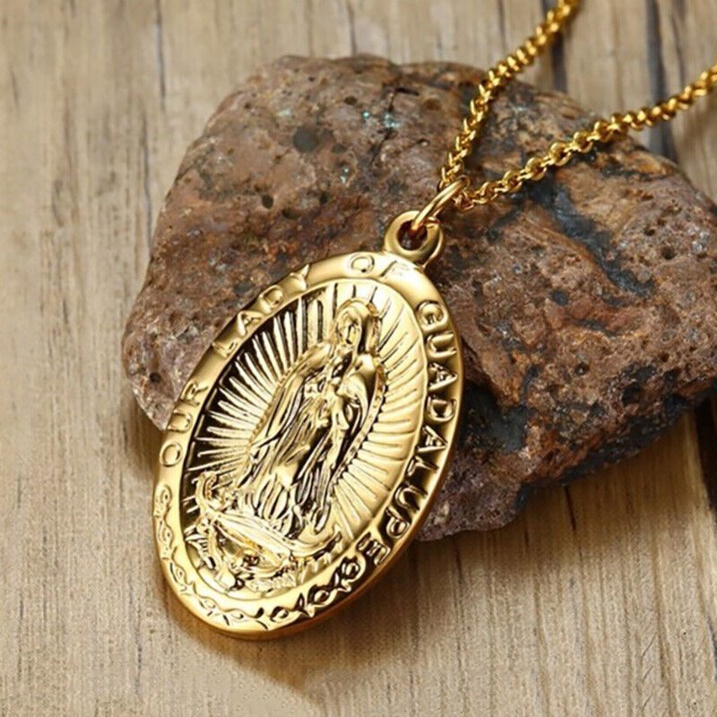 18k Gold Mens Womens 24" Link Chain Necklace And Large Virgin Mary Pendant