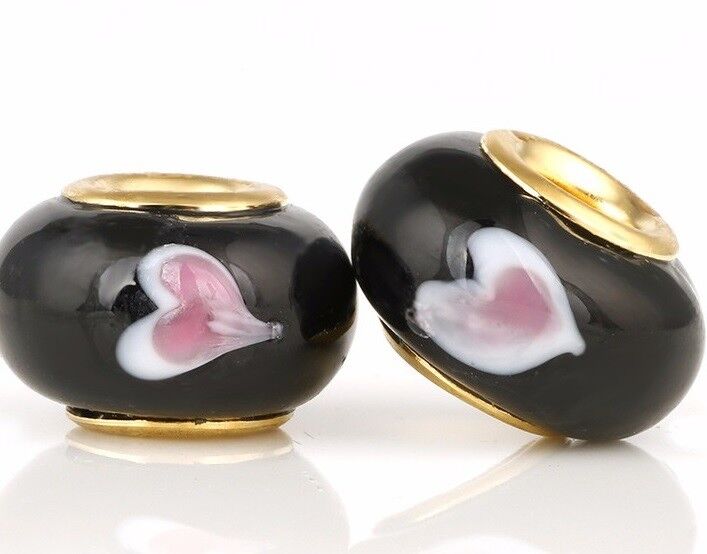 5 Beads Authentic 18k Gold Black Pink Heart Murano Glass Charm European Big Hole