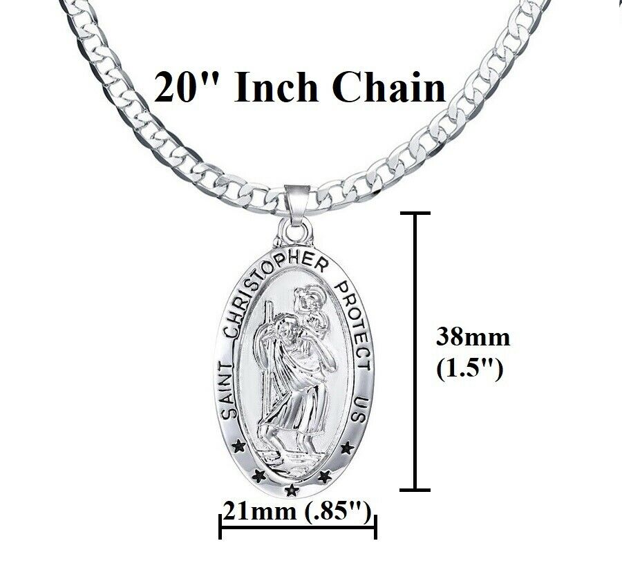 925 Sterling Silver Women's 20" Link Chain Necklace with Oval Saint Christopher