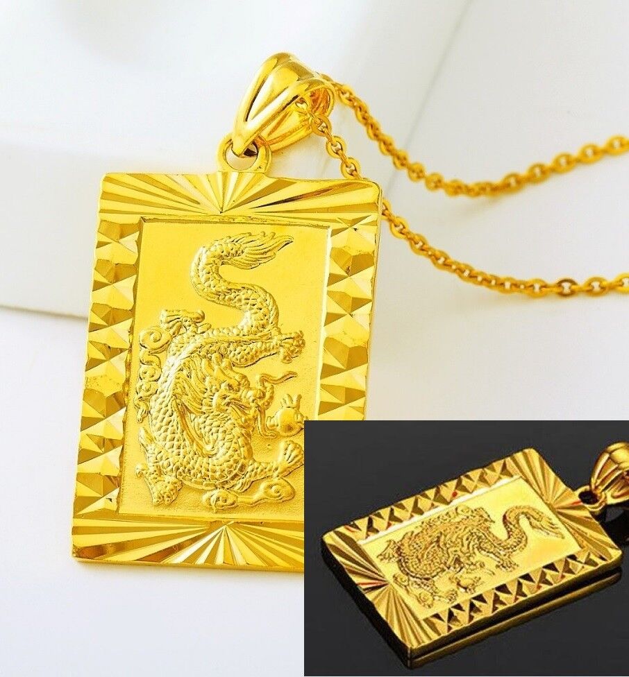 24k Yellow Gold Dragon Pendant With 30" Rolo Chain Link Necklace w GiftPG D451R