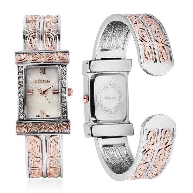Womens STRADA Pink Japanese Movement Stainless Cuff Bangle Bracelet Watch D859