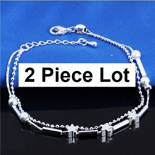2 Pcs 925 Sterling Silver Womens Linked Stars 8.5" - 10.5" Anklet Bracelet D613